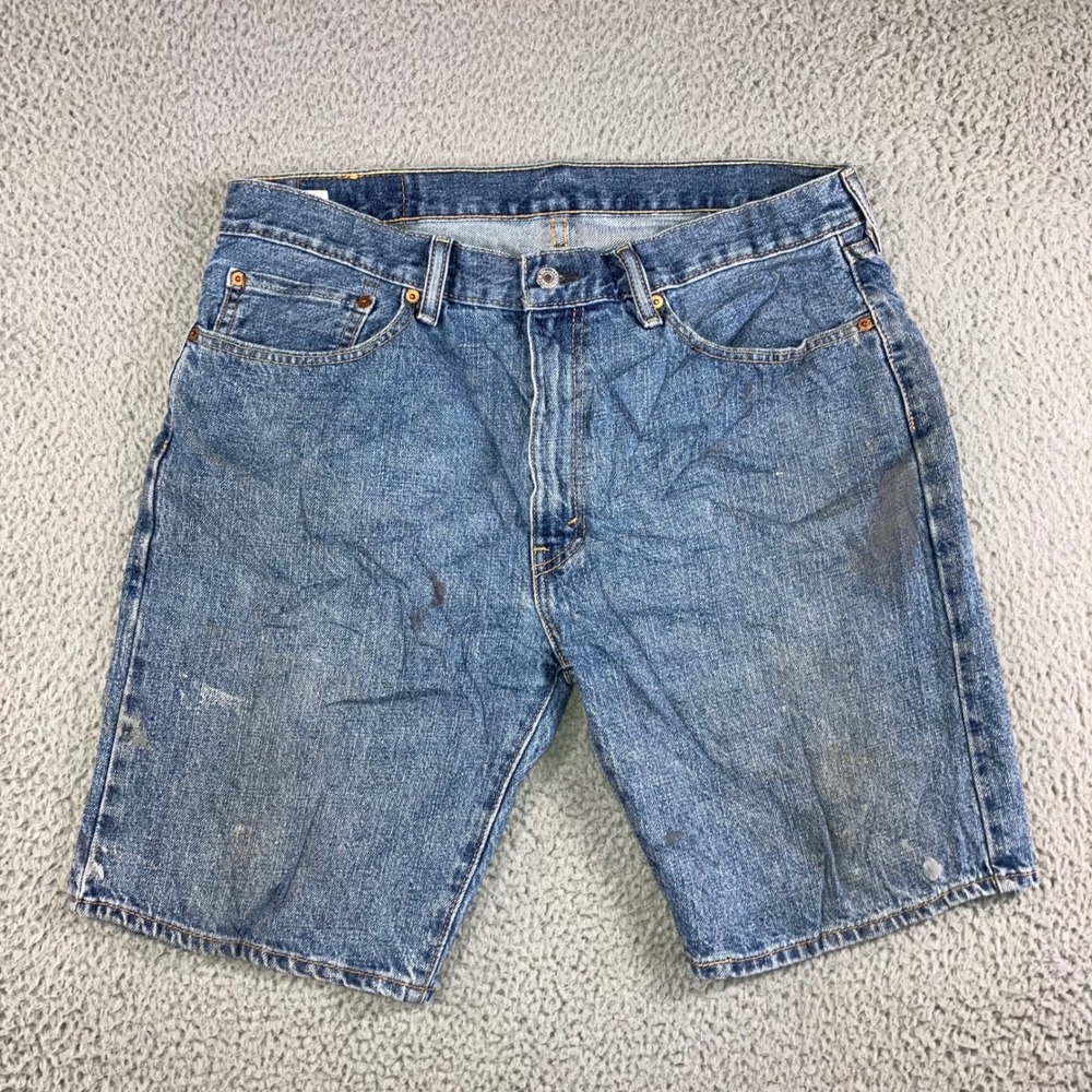 Levis 505 Denim Shorts Men 36 Blue Thrashed Jorts Grunge Work Outdoor Fit 34x9.5